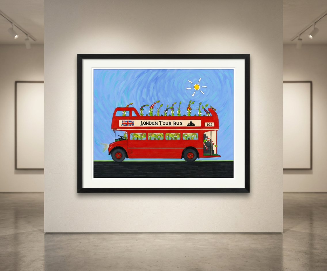 The Bulbs London Tour Bus. A Limited Edition Cartoon Fine Art Museum Quality Print, Quasiland Wall Art