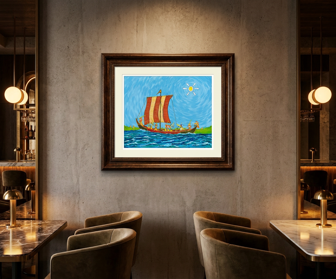 Viking longship with the Angry Bulbs of Rootgard approach Thumbman Island. Limited edition print.