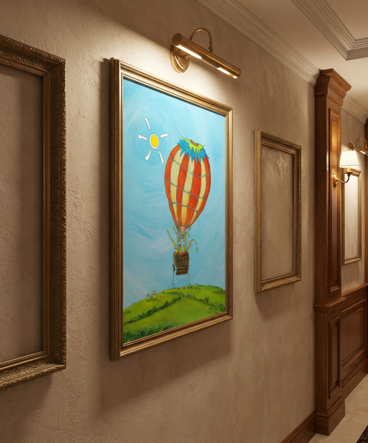 A fine art limited edition print of a hot air balloon floating over the imaginary Quasiland Island of the Thumbmen, created by Dean Reeve
