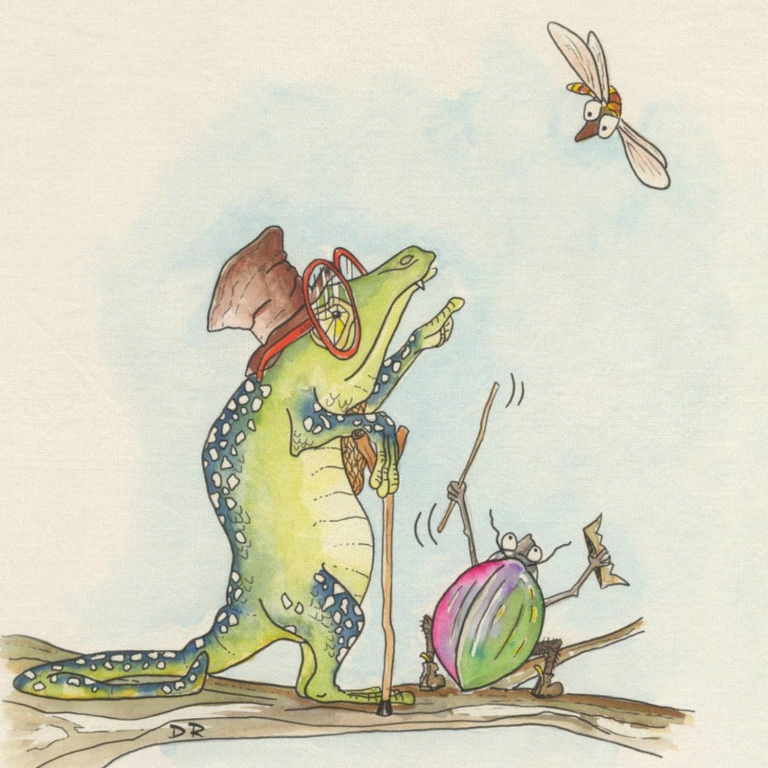 Albert Von-Weeben Caractakye is seen with King Beetle Bug telling off a flying insect. Dean Reeve Limited Edition Art prints and originals from the Fictional narrative art world Quasiland