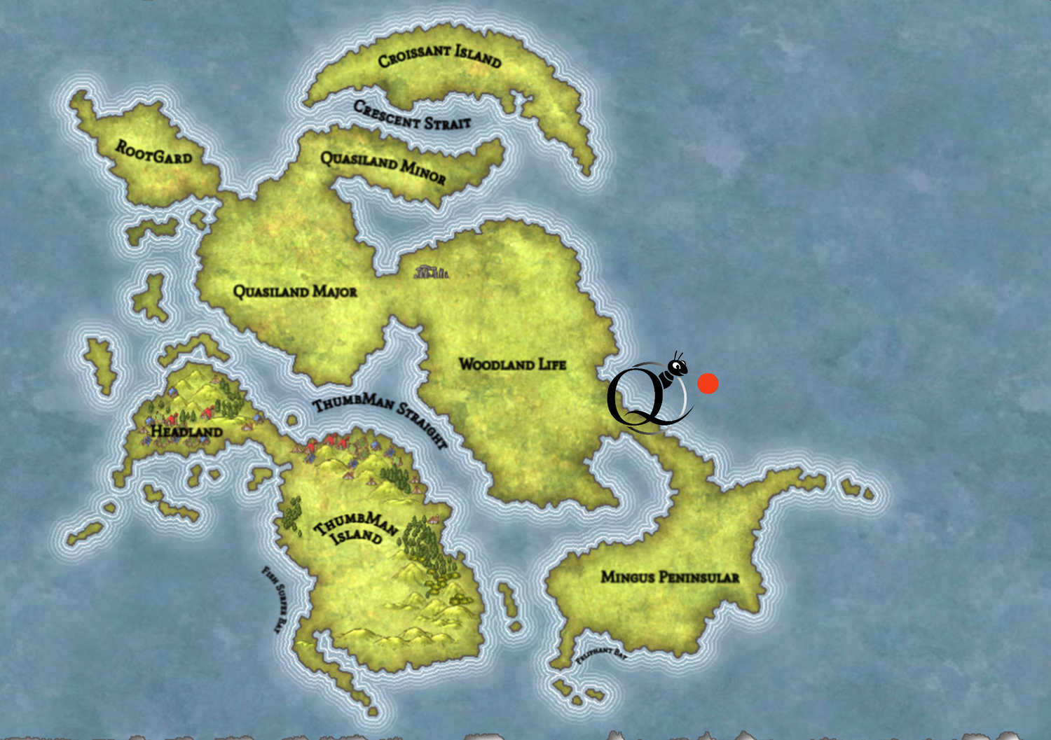 Map of a fictional world Quasiland with various regions labelled on a blue background. The Follow the Ant logo