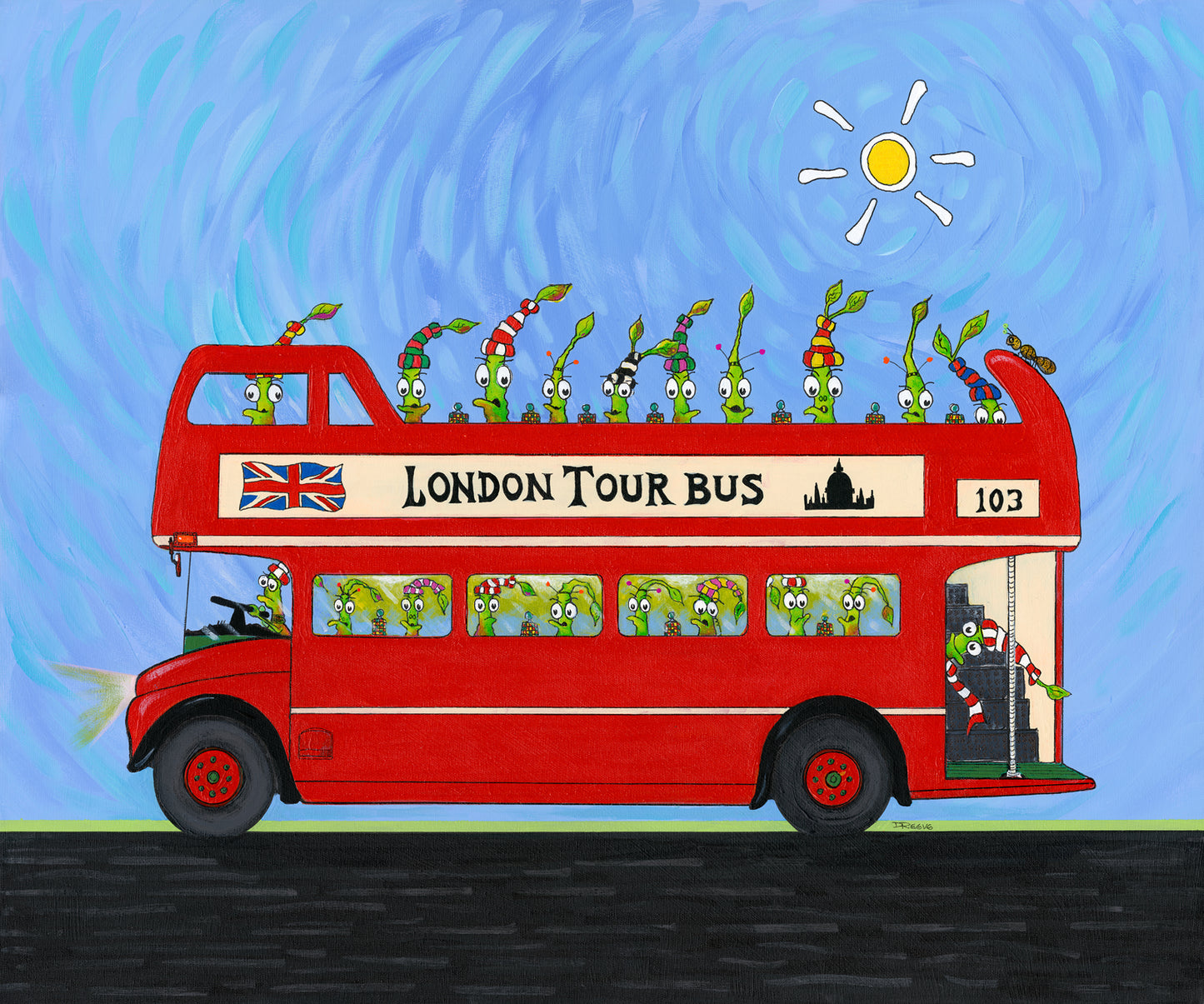 The Bulbs London Tour Bus. A Limited Edition Cartoon Fine Art Museum Quality Print, Quasiland Wall Art