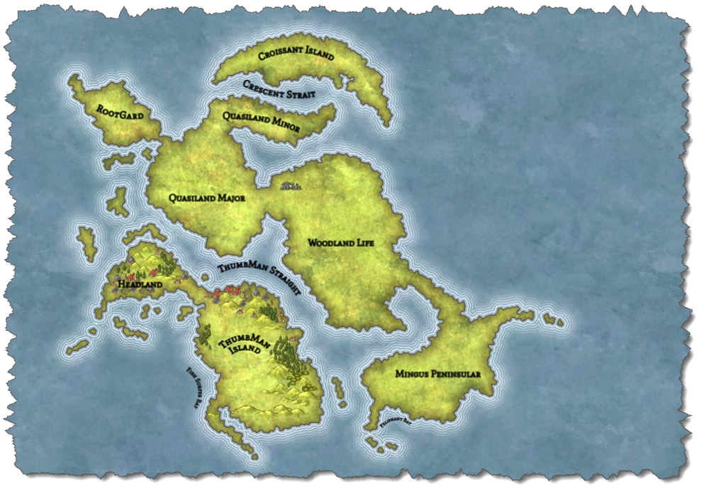 Map of the emerging Quasiland with labeled names on a textured blue background