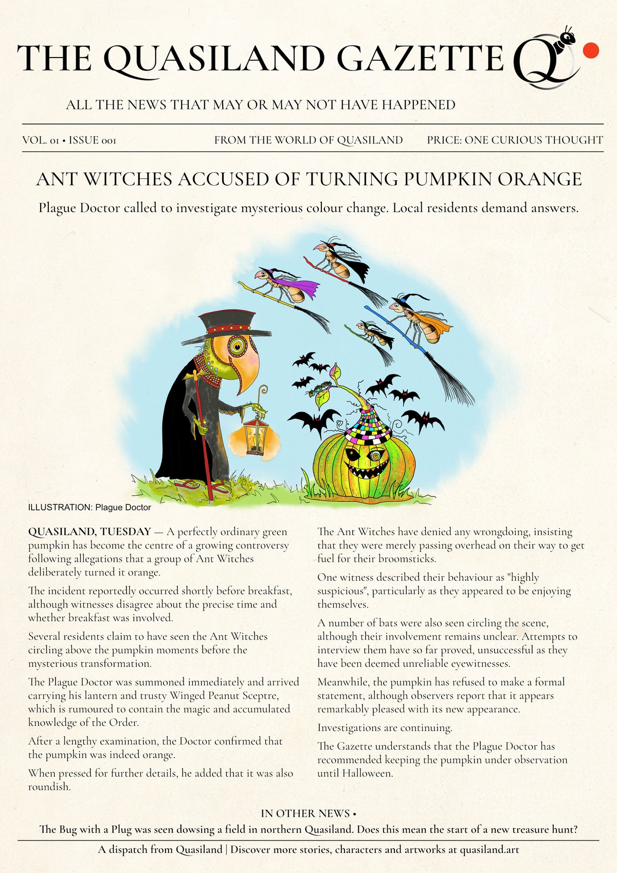 a newspaper with the plague doctor and a pumpkin and witches on broomsticks