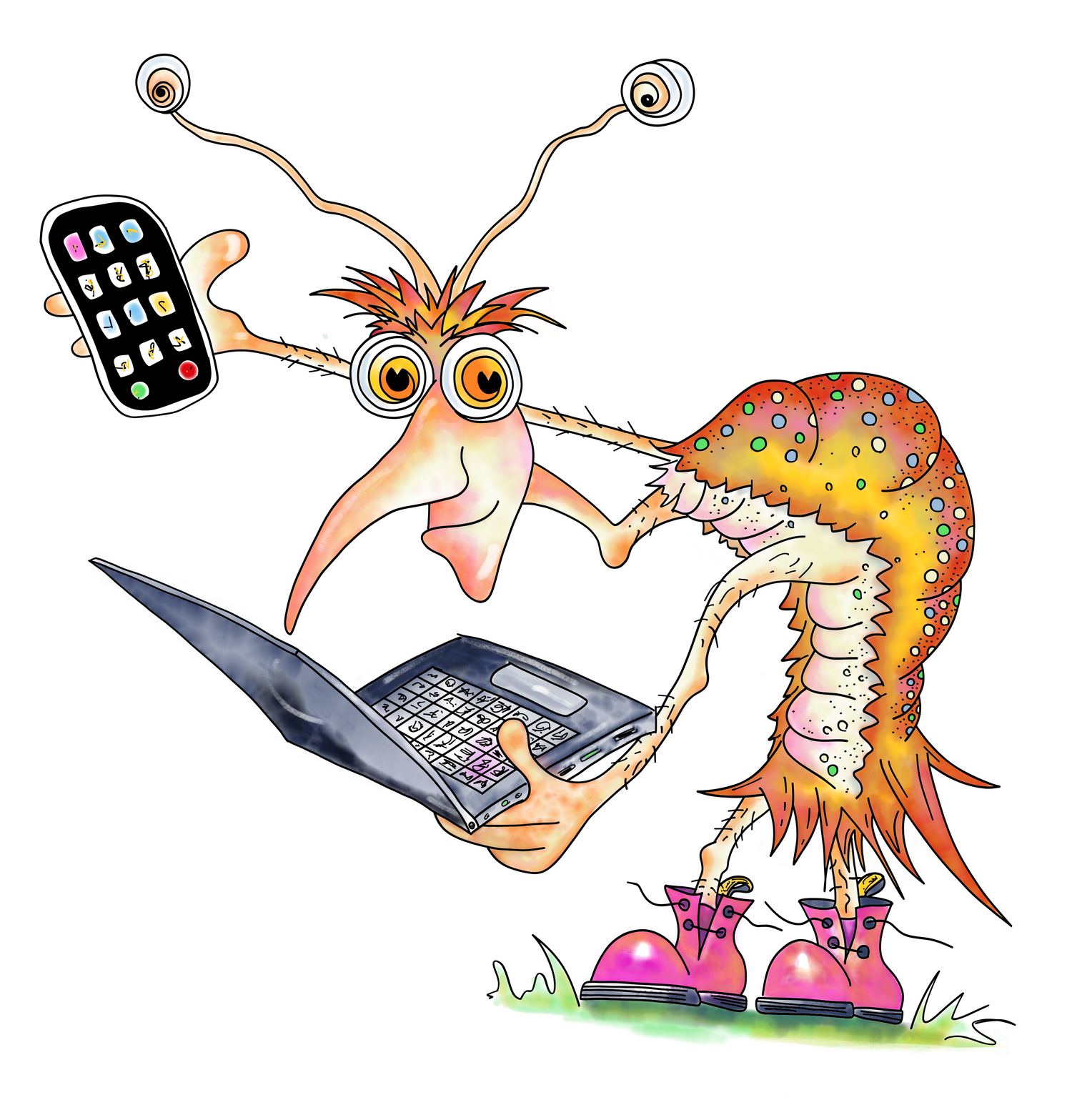 Shrimp neck with his Bad posture caused by his never ending obsession with his tech. Here he uses his laptop and phone at the same time. His bright pink boots and colourful body always make him stand out. He is another character from the Mingus Peninsula on the fictional world of Quasiland.