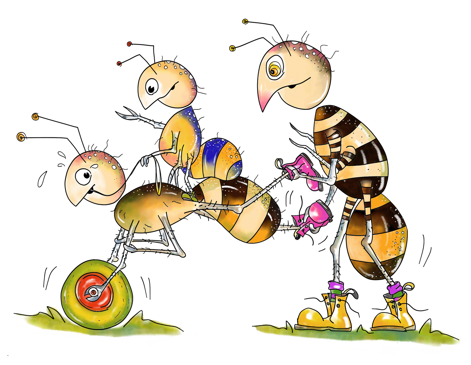 The Three Breakout Ants are seen escaping from captivity disguised as a wheelbarrow. From the Fictional Narrative Art World of Quasiland.