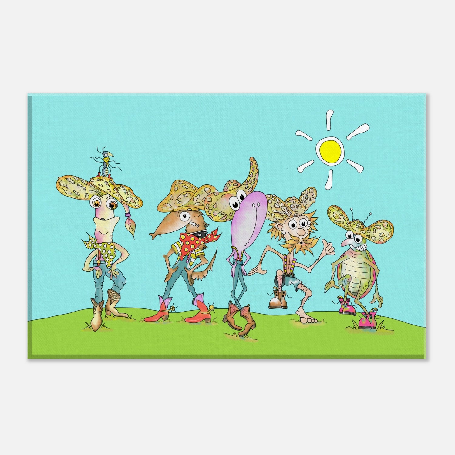 The Crisp Hat Cowboys are line dancing in the sun. Dean Reeve Limited Edition Art prints and originals.