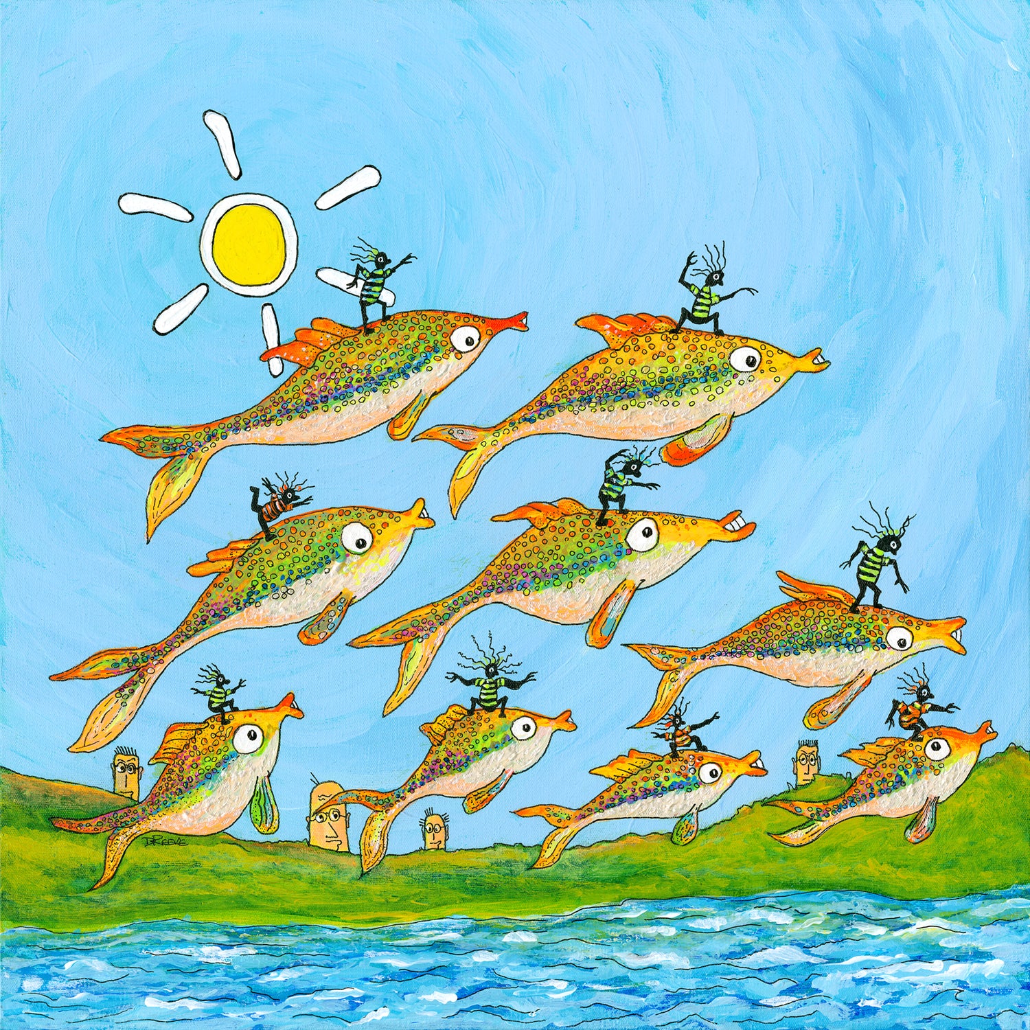 Colourful Limited edition print  illustration of the Great Wozza fish with the Headmin Surfers on their backs against a blue sky off-shore from Thumbman Island from the adventures on Quasiland, a narrative fictional art world by Dean Reeve