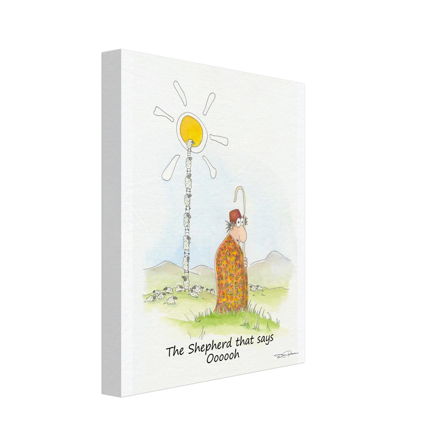 The Shepherd that says "Oooooh" He is here forgetting to look after his sheep that have decided it is their time to climb off into the sun. Dean Reeve Limited Edition Art prints and originals from the fictional narrative world of Quasiland