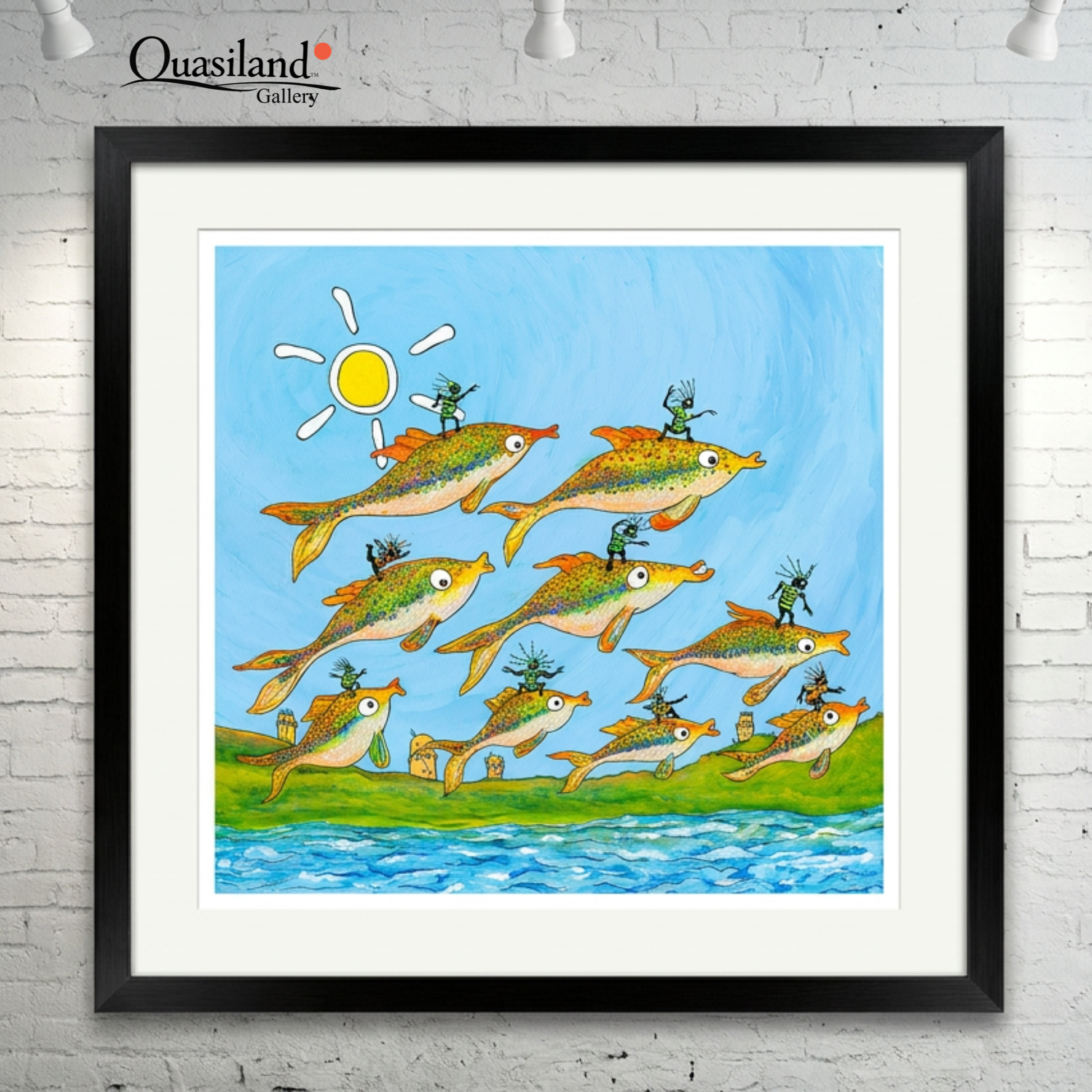 The Fish Surfers of Thumbman Island by Dean Reeve. Framed cartoon artwork of fish with small figures on their backs against a blue sky. Gallery shot with black frame