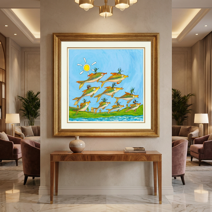 The Fish Surfers of Thumbman Island – Limited Edition Cartoon Fine Art Museum Quality Print, Quasiland Wall Art