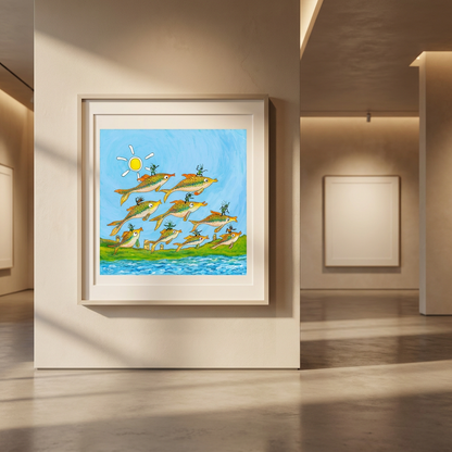 The Fish Surfers of Thumbman Island – Limited Edition Cartoon Fine Art Museum Quality Print, Quasiland Wall Art
