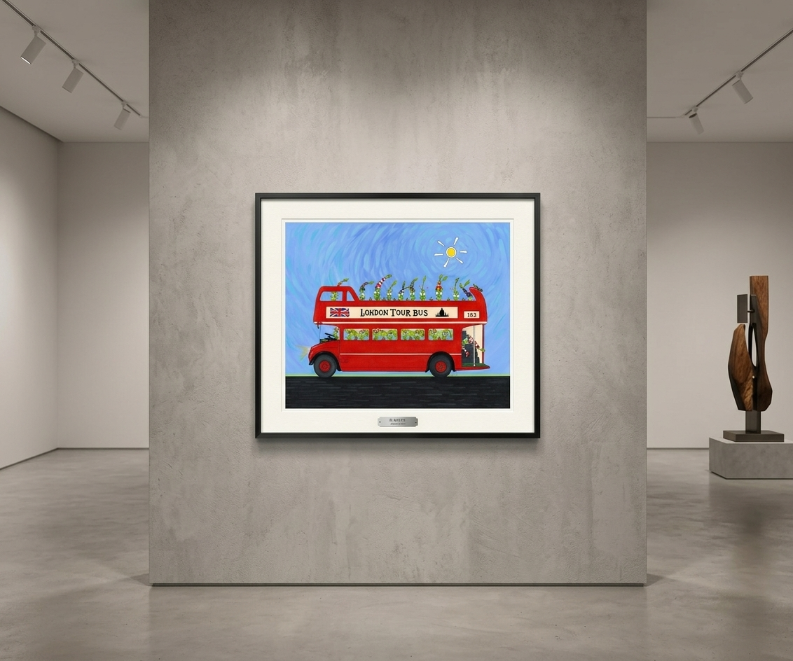 The Bulbs London Tour Bus. A Limited Edition Cartoon Fine Art Museum Quality Print, Quasiland Wall Art