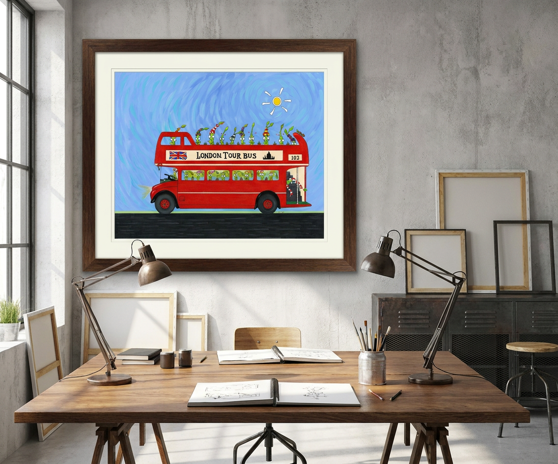 The Bulbs London Tour Bus. A Limited Edition Cartoon Fine Art Museum Quality Print, Quasiland Wall Art