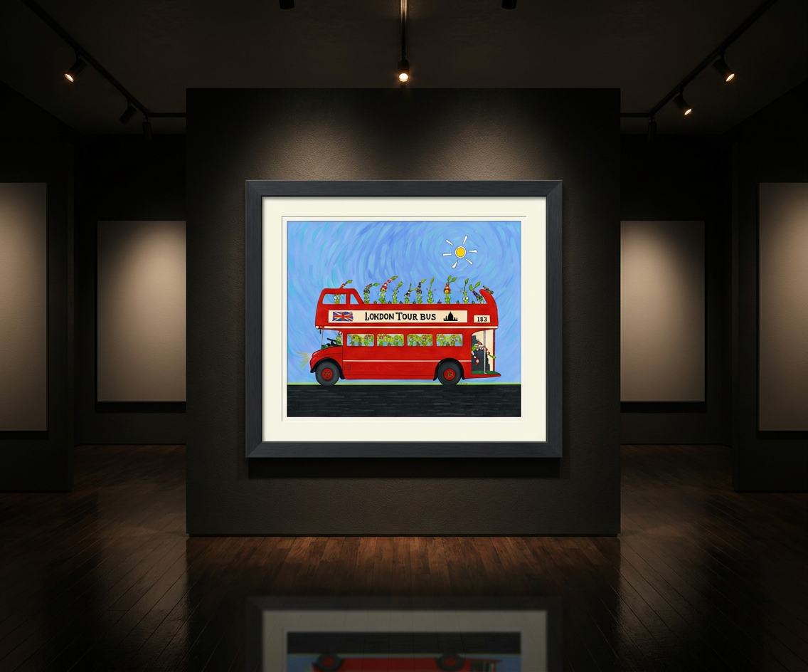 The Bulbs London Tour Bus. A Limited Edition Cartoon Fine Art Museum Quality Print, Quasiland Wall Art
