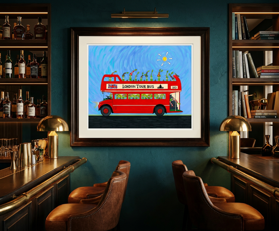 The Bulbs London Tour Bus. A Limited Edition Cartoon Fine Art Museum Quality Print, Quasiland Wall Art