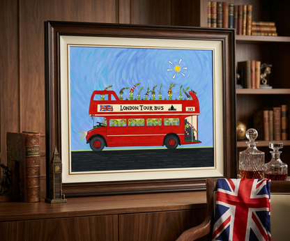 The Bulbs London Tour Bus. A Limited Edition Cartoon Fine Art Museum Quality Print, Quasiland Wall Art